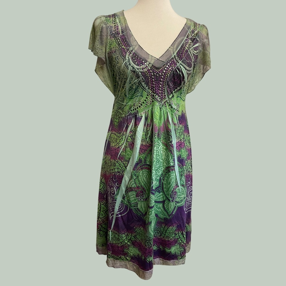 Unity World Wear Paisley Beaded Liquid Dress Womens PS Green Purple Fairy - Picture 3 of 11